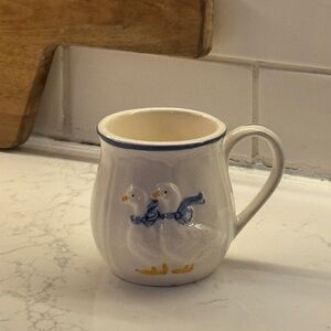 Vintage Ceramic Mug Goose geese ducks 3D Design cottage core white blue bow